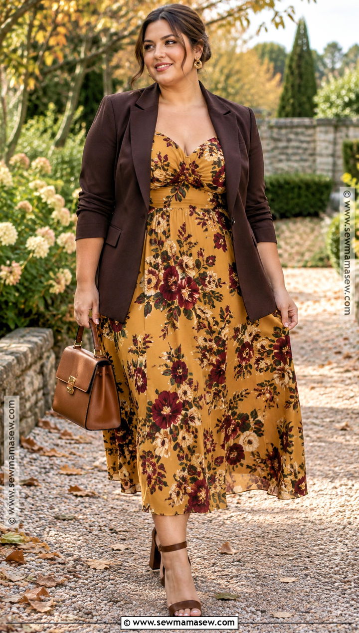Plus Size Mustard Floral Midi Dress Outfit - 20 plus size fall wedding guest outfit ideas