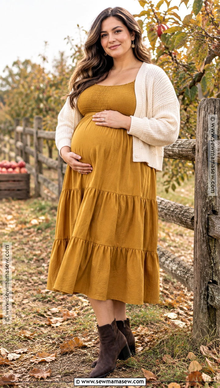 Plus Size Mustard Maternity Dress With Brown Ankle Boots - 15 fall maternity outfits for photoshoot for plus size