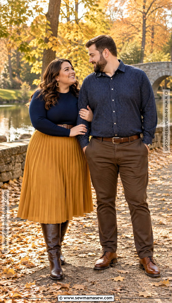 Plus Size Mustard Skirt And Navy Sweater Outfit - 15 october engagement pictures outfit ideas for plus size