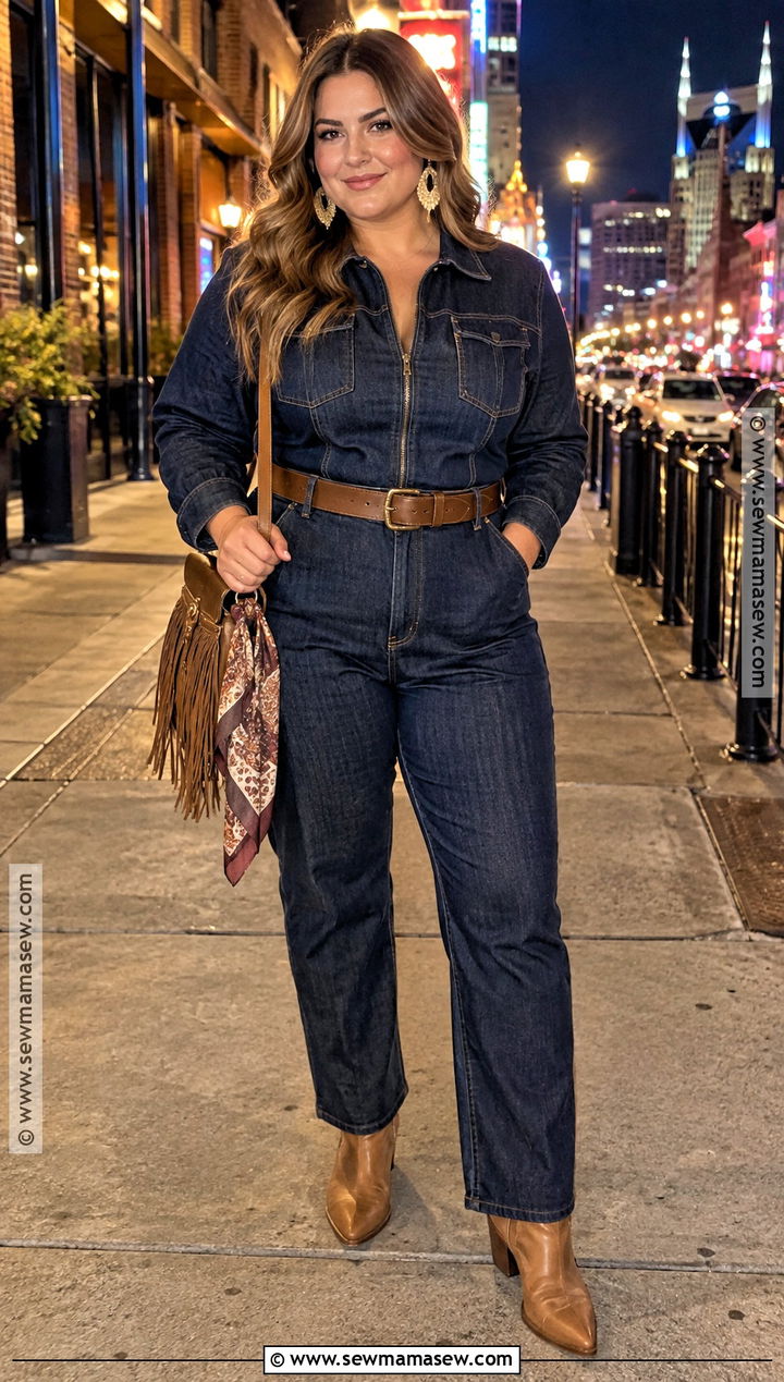 Plus Size Nashville Denim Jumpsuit With Ankle Boots - 15 nashville outfits fall night for plus size