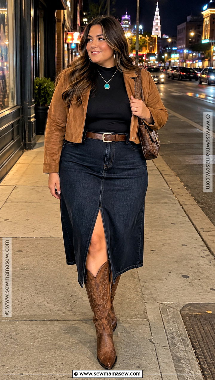 Plus Size Nashville Denim Skirt With Suede Jacket - 15 nashville outfits fall night for plus size