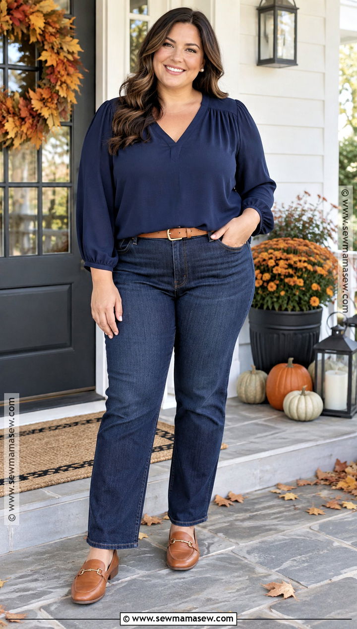 Plus Size Navy Blouse And Dark Straight Leg Jeans - 15 plus size family photo outfits fall
