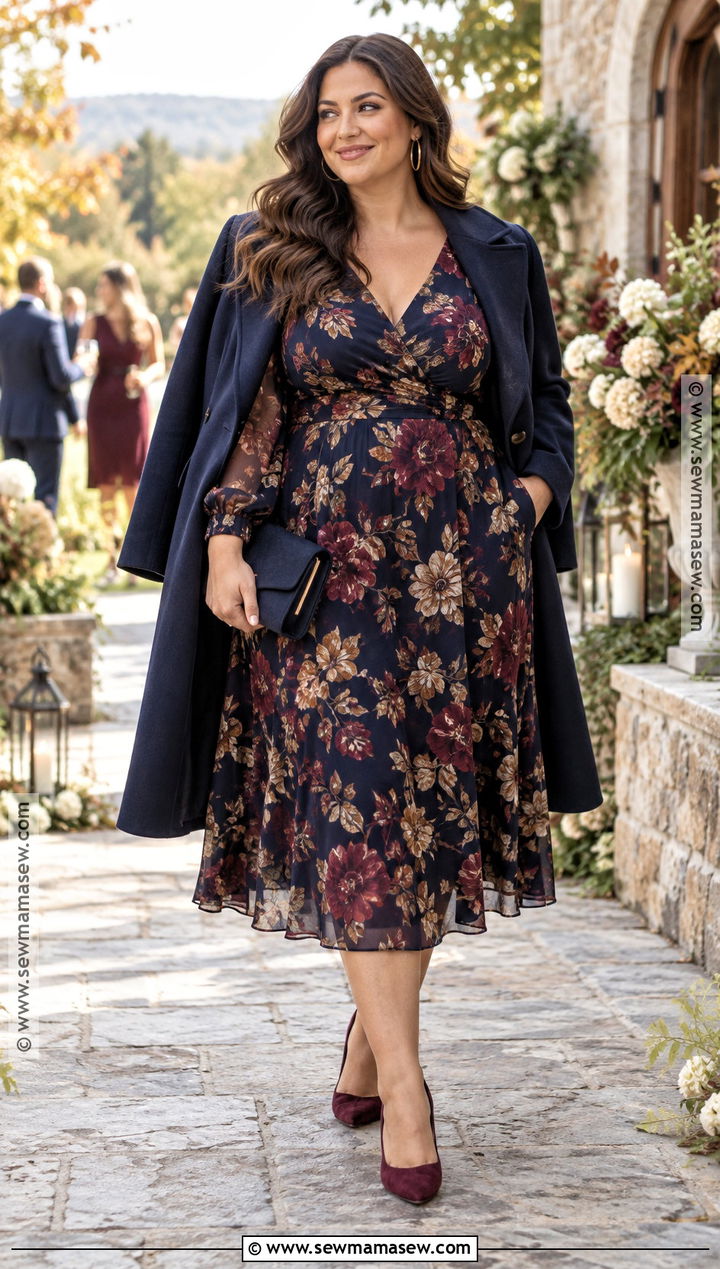 Plus Size Navy Floral Long Sleeve Midi Dress - 20 fall wedding dress ideas for plus size