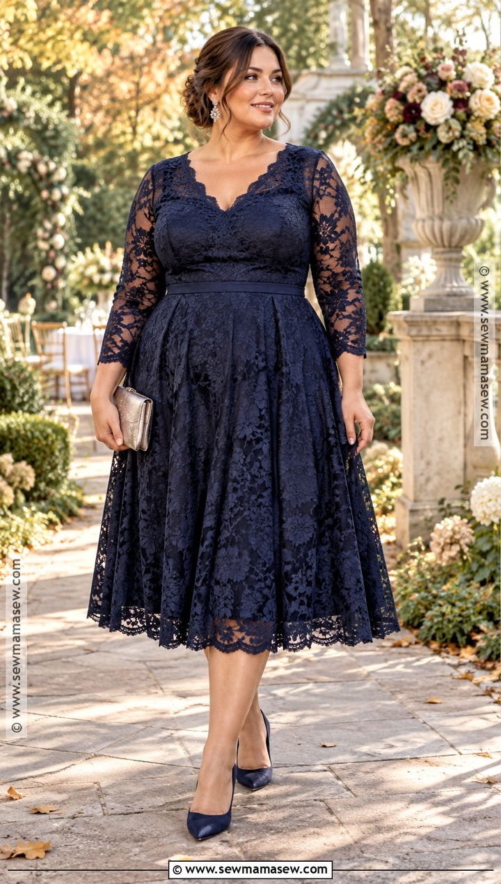 Plus Size Navy Lace Fit And Flare Midi Dress - 15 plus size fall dresses for wedding guest