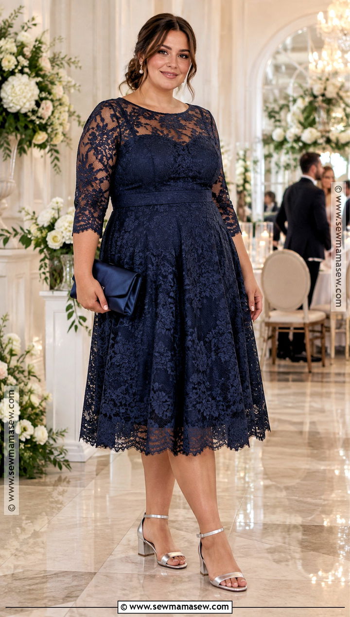 Plus Size Navy Lace Midi Dress Fall Wedding Guest Outfit - 20 fall wedding outfit guest ideas for plus size