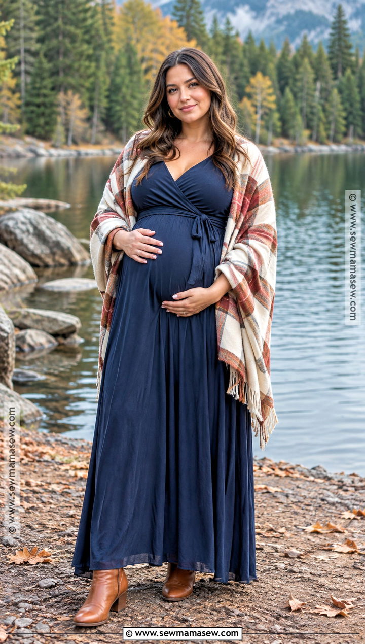Plus Size Navy Maternity Maxi Dress With A Blanket Scarf - 15 fall maternity outfits for photoshoot for plus size