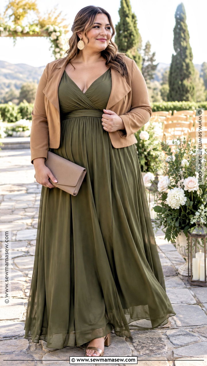 Plus Size Olive Chiffon Maxi Dress Fall Wedding Guest Outfit - 20 fall wedding outfit guest ideas for plus size
