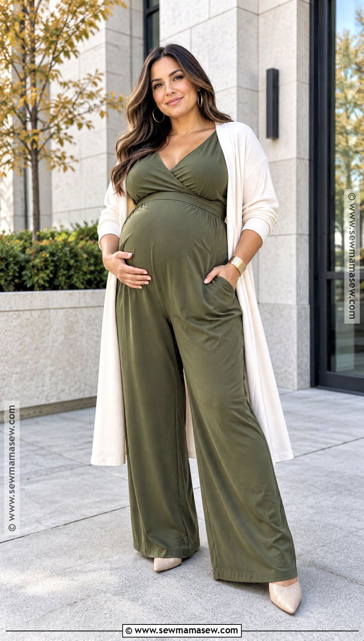 Plus Size Olive Maternity Jumpsuit With A Long Duster - 15 fall maternity outfits for photoshoot for plus size