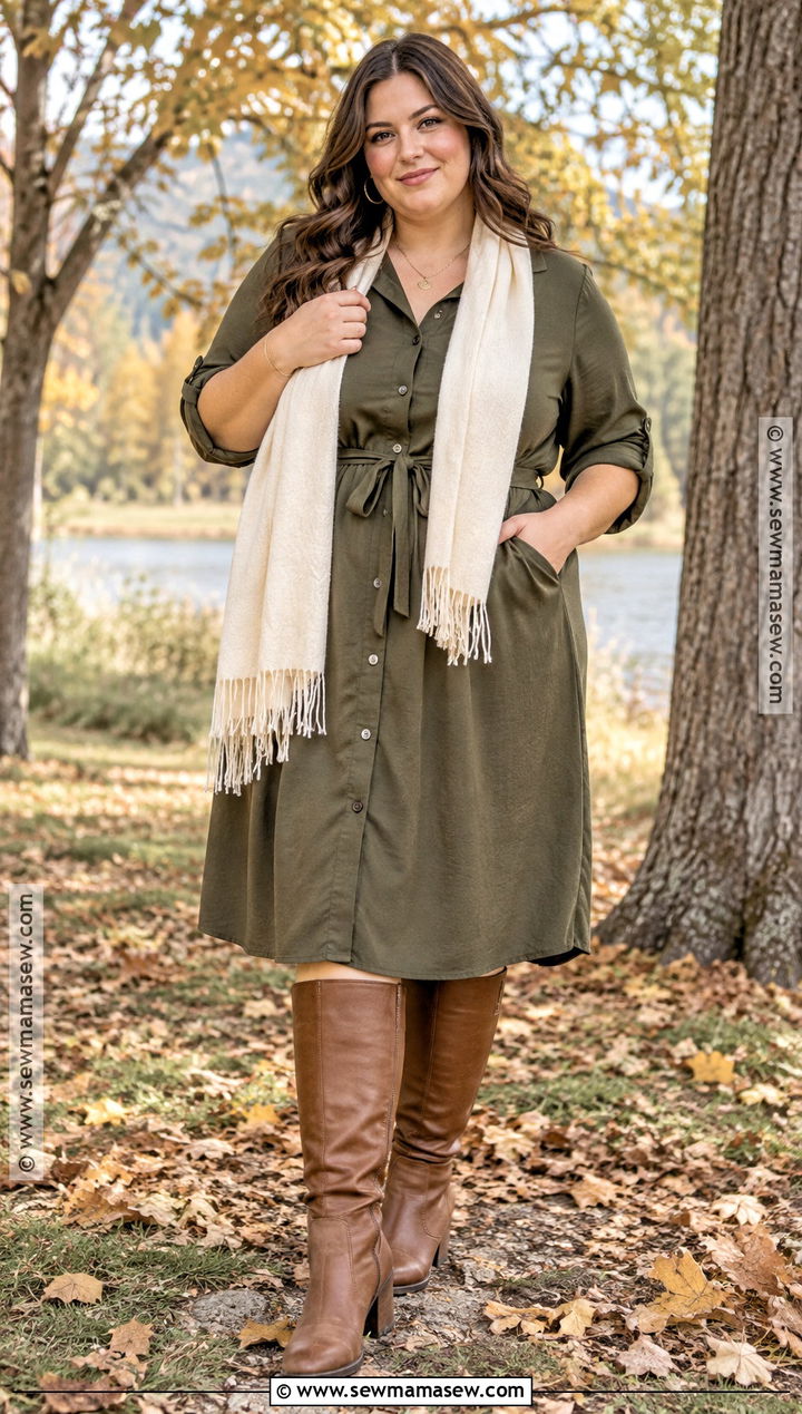 Plus Size Olive Shirt Dress And Cognac Boots - 15 plus size family photo outfits fall