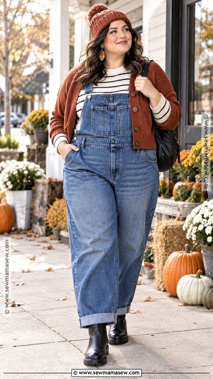 Plus Size Overalls And Striped Shirt Outfit - 20 Cute Fall Plus Size Outfits