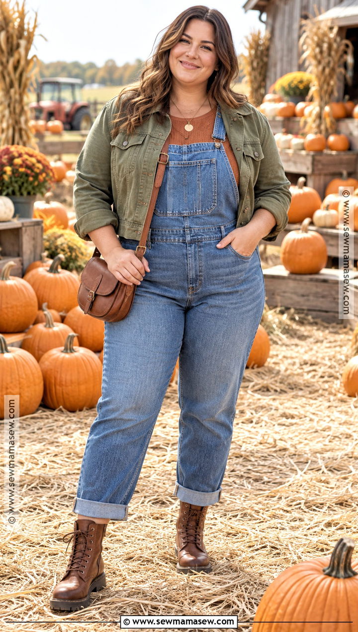 Plus Size Overalls With Waffle Knit Top And Lace Up Boots - 20 Pumpkin Patch Outfit Overalls