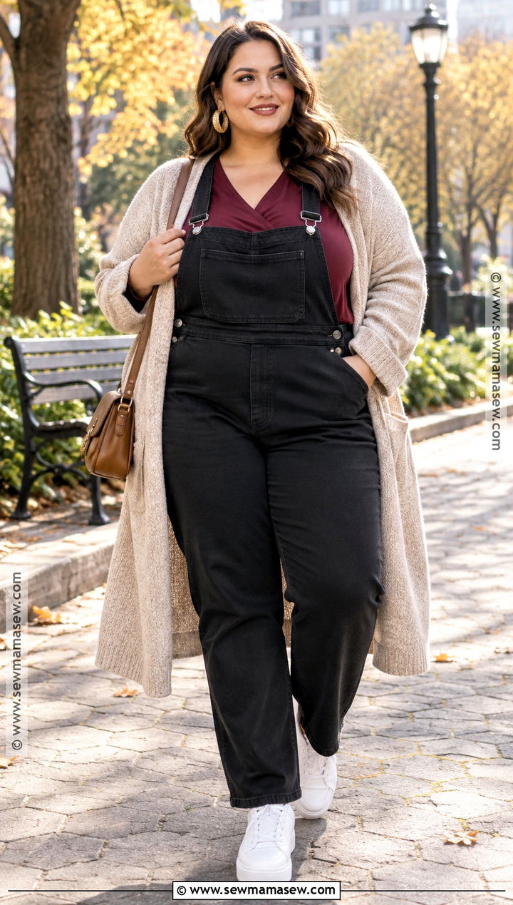 Plus Size Overalls With Wrap Top and Sneakers - 20 styling overalls fall