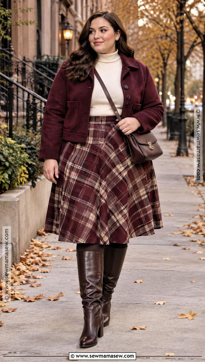Plus Size Plaid Skirt With Mock Neck Top - 15 date night fall outfits for plus size