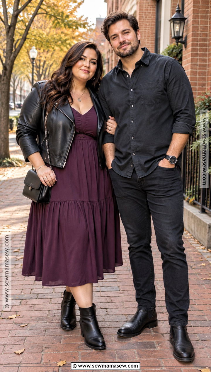 Plus Size Plum Dress And Leather Jacket Outfit - 15 october engagement pictures outfit ideas for plus size