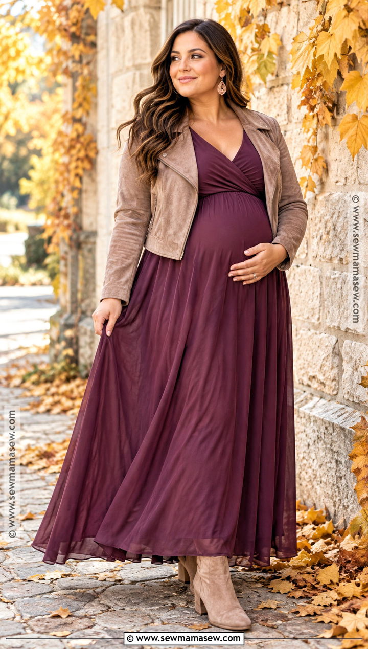 Plus Size Plum Maternity Dress With A Cropped Jacket - 15 fall maternity outfits for photoshoot for plus size