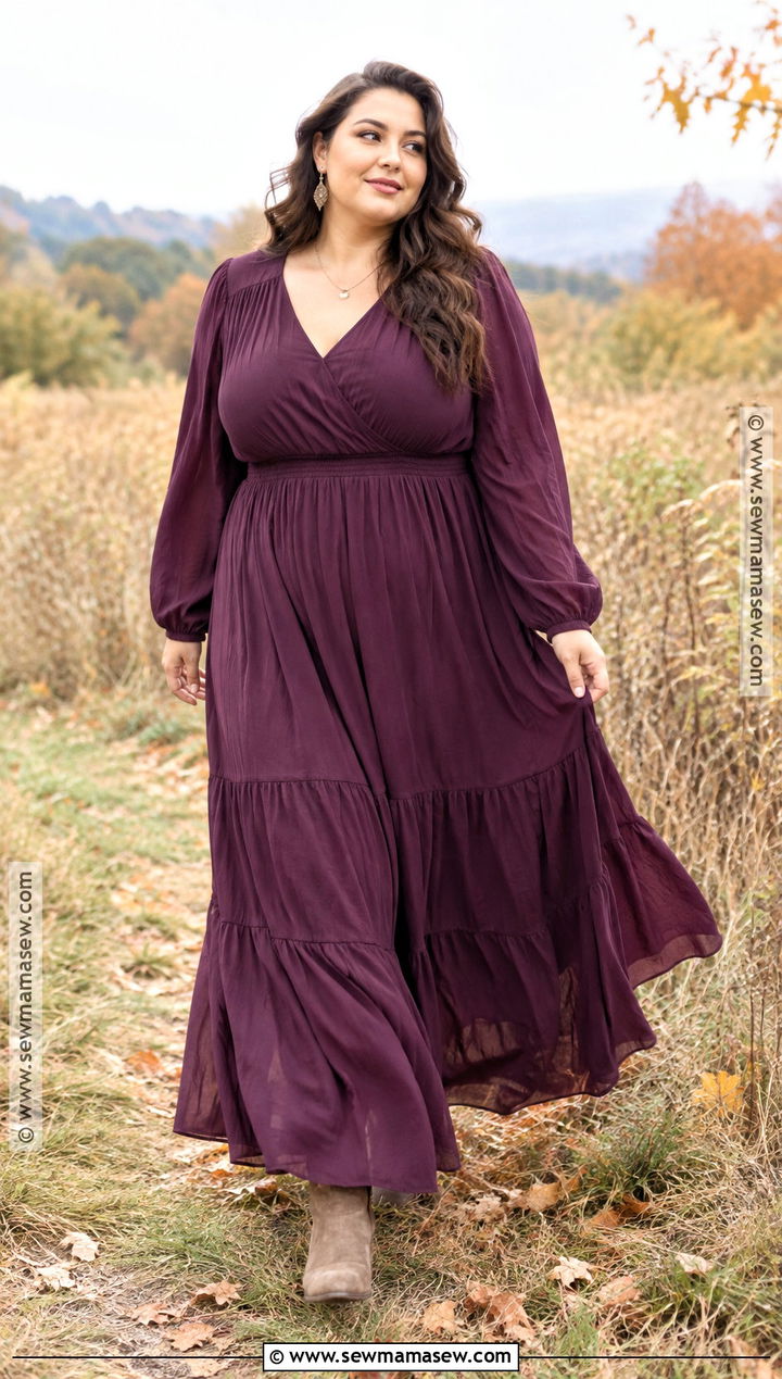 Plus Size Plum Maxi Dress And Taupe Ankle Boots - 15 plus size family photo outfits fall