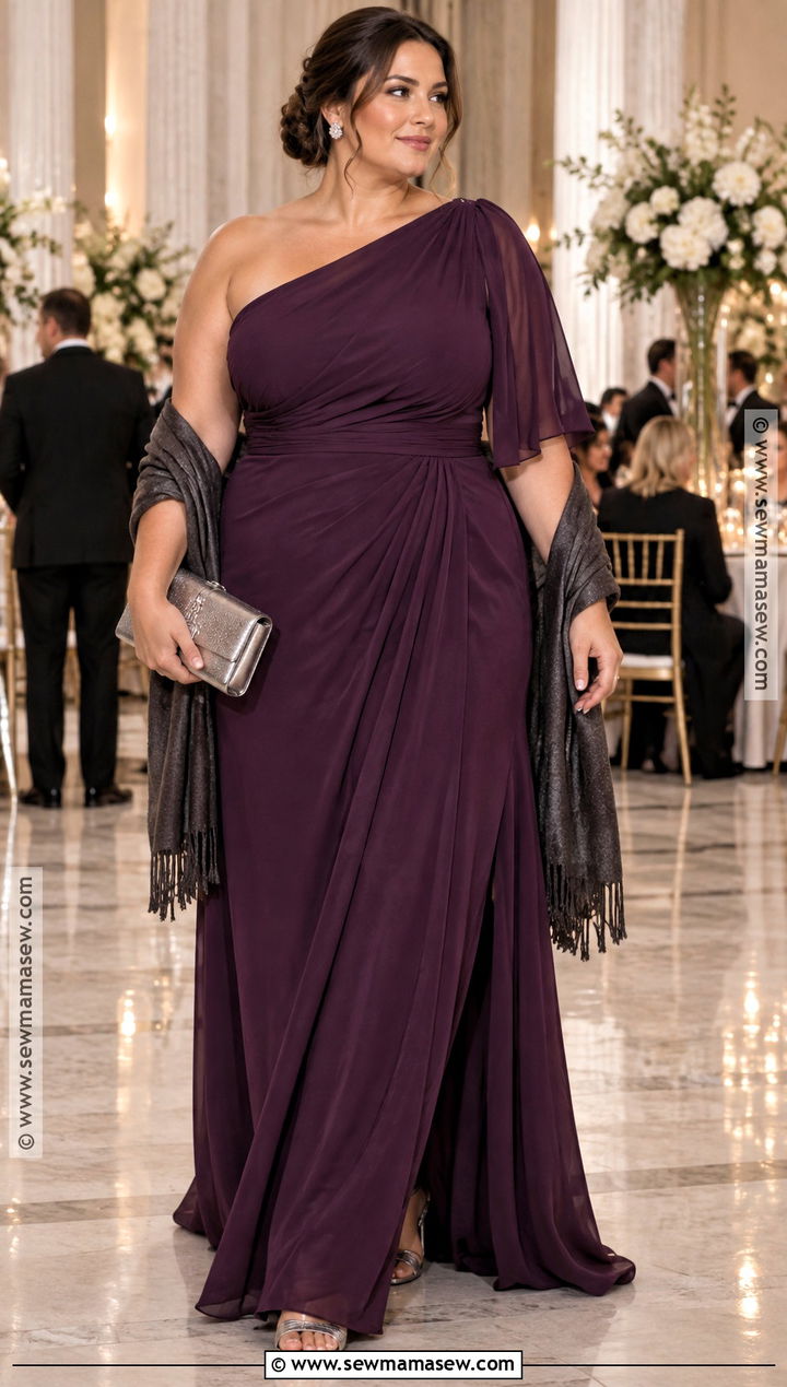 Plus Size Plum One Shoulder Gown - 20 fall wedding dress ideas for plus size