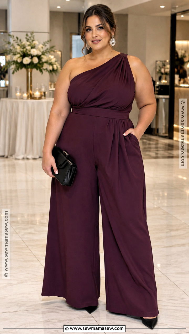 Plus Size Plum One Shoulder Jumpsuit Fall Wedding Guest Outfit - 20 fall wedding outfit guest ideas for plus size