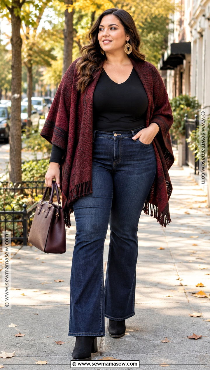 Plus Size Poncho With Bootcut Jeans - 20 fall poncho outfits