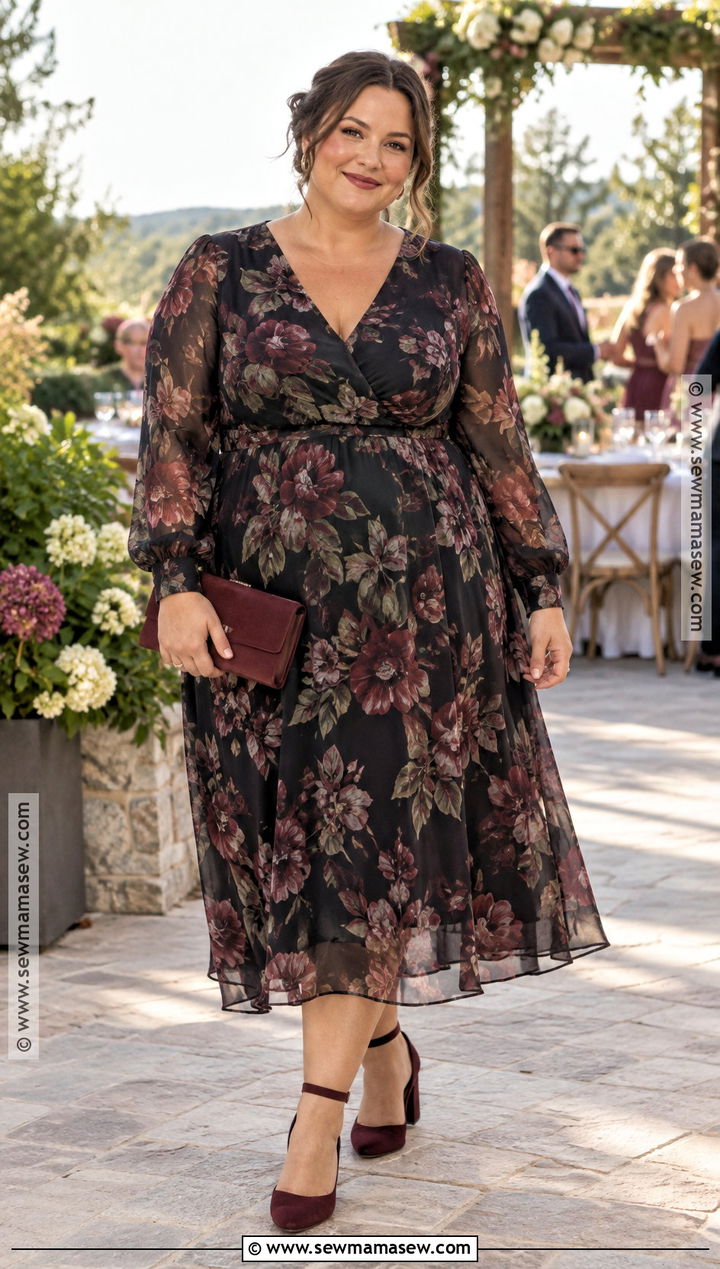 Plus Size Printed Long Sleeve Dress Outfit - 15 september wedding guest dress ideas for plus size