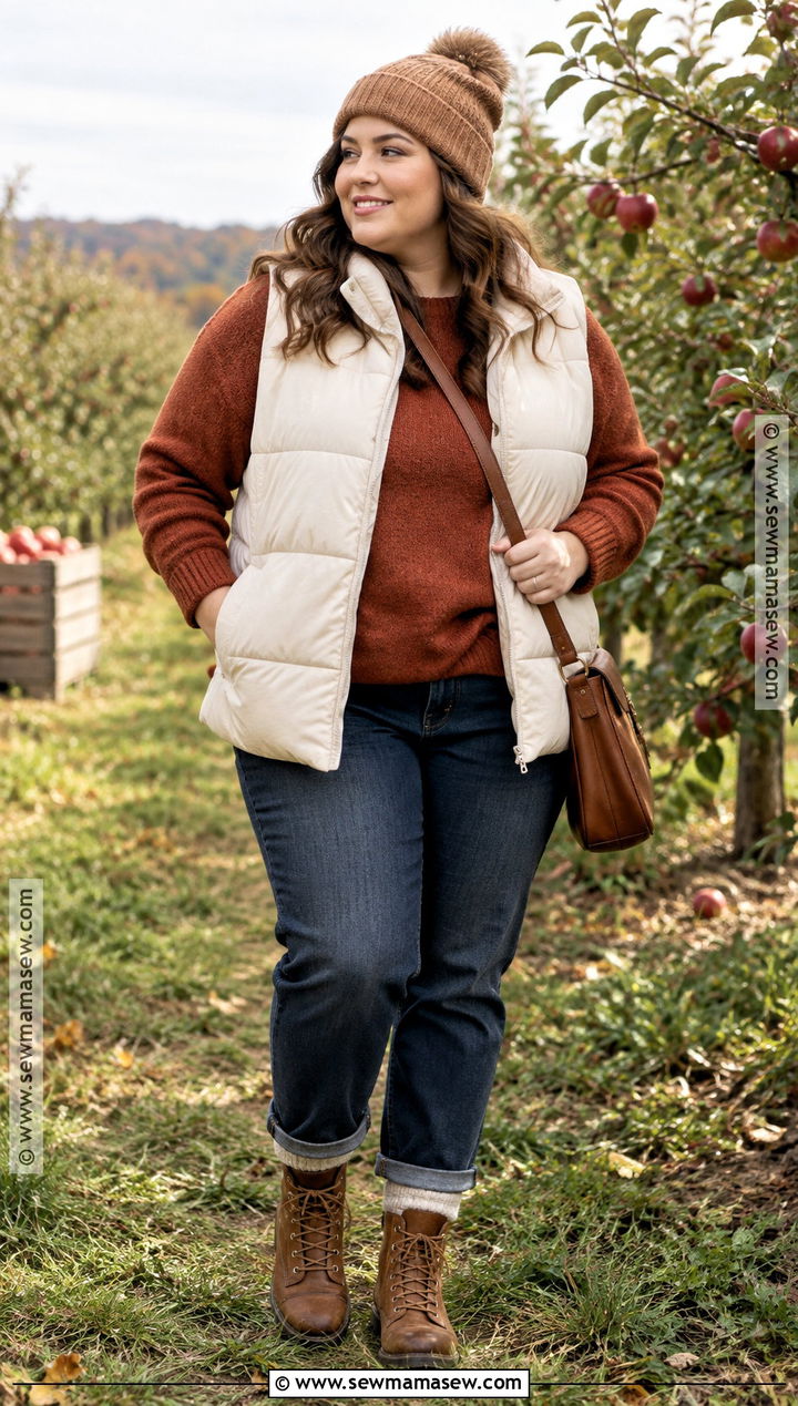 Plus Size Puffer Vest And Straight Leg Jeans Outfit - 20 Cute Fall Plus Size Outfits