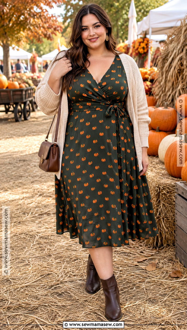 Plus Size Pumpkin Print Dress With Boots - 15 Autumn Pumpkin Dress Ideas