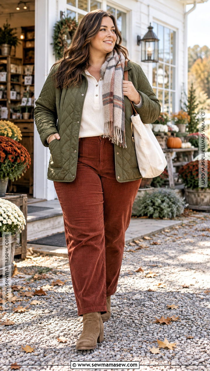 Plus Size Quilted Jacket and Corduroy Pants Outfit - 30 plus size fall outfit ideas