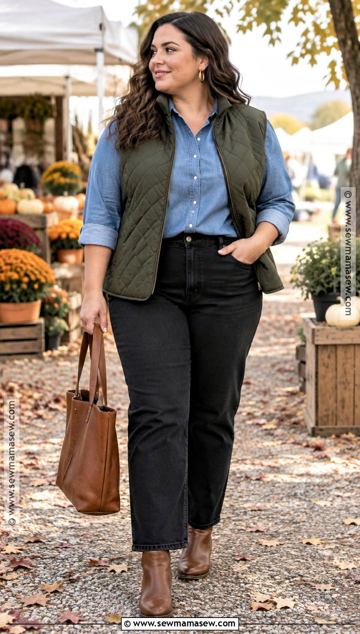 Plus Size Quilted Vest With Chambray Shirt And Jeans - 20 Plus Size Fall Capsule Wardrobe Ideas