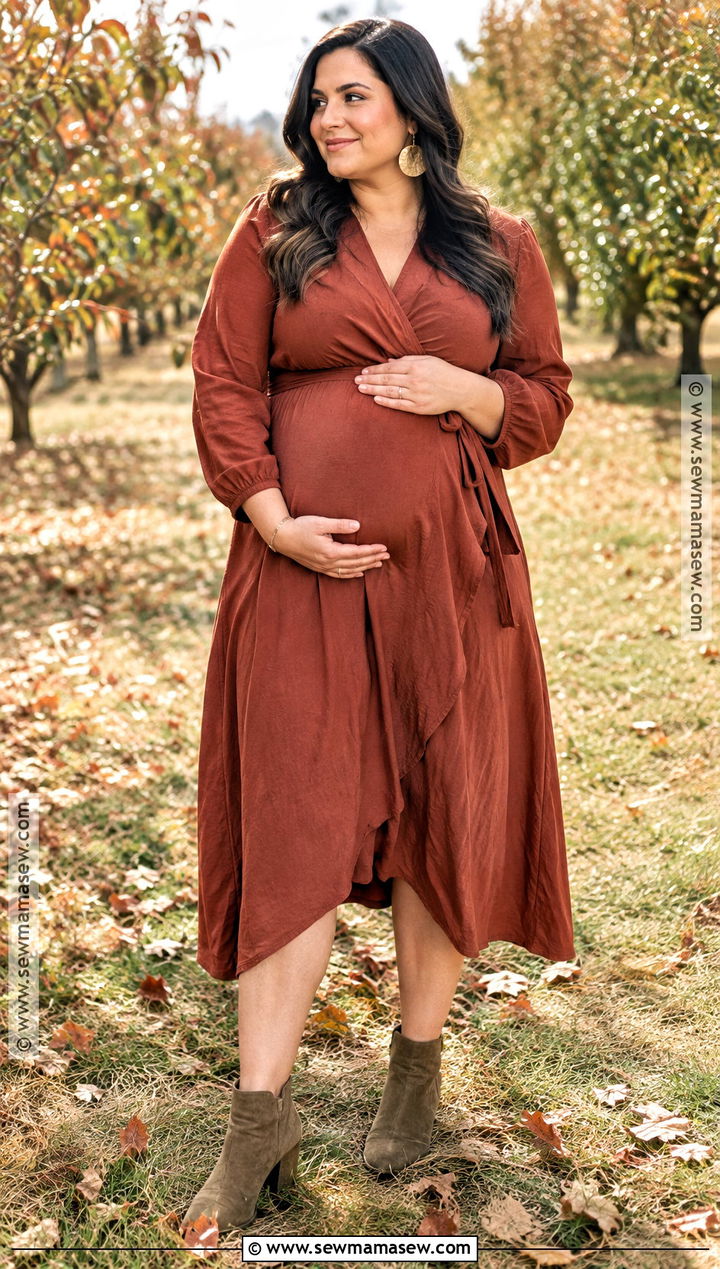 Plus Size Rust Maternity Wrap Dress With Suede Boots - 15 fall maternity outfits for photoshoot for plus size