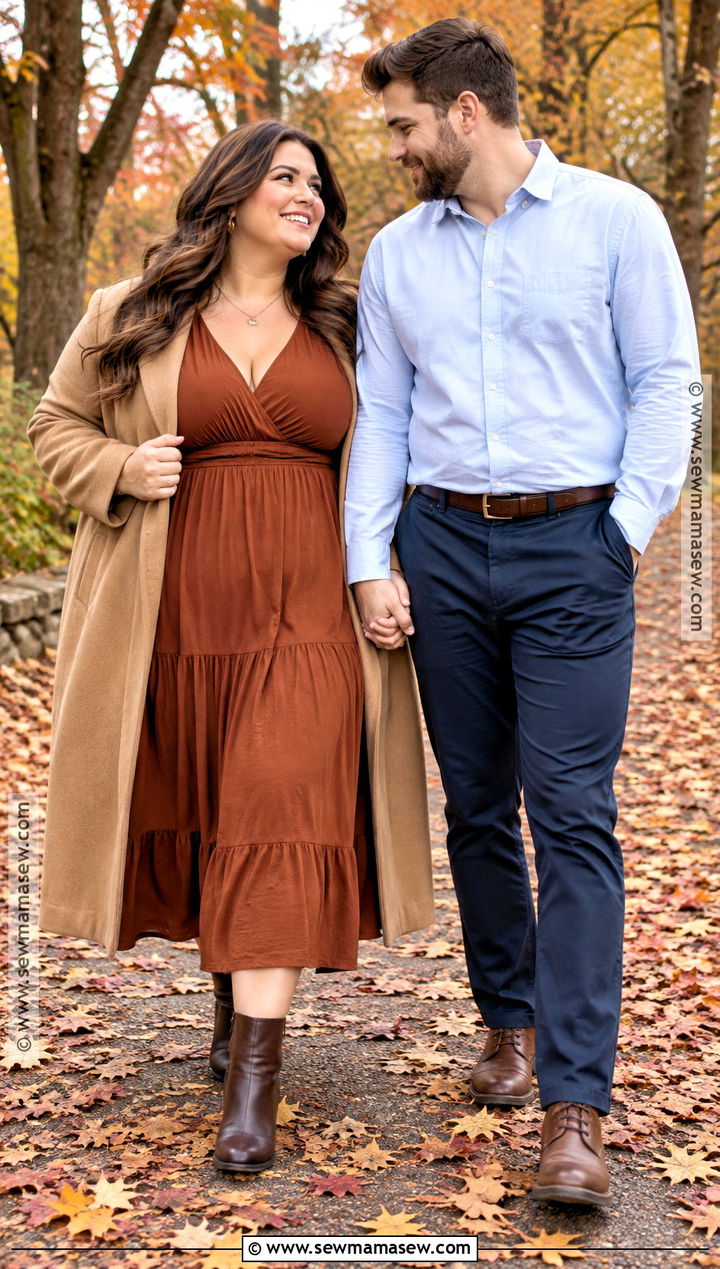 Plus Size Rust Midi Dress And Camel Coat Outfit - 15 october engagement pictures outfit ideas for plus size