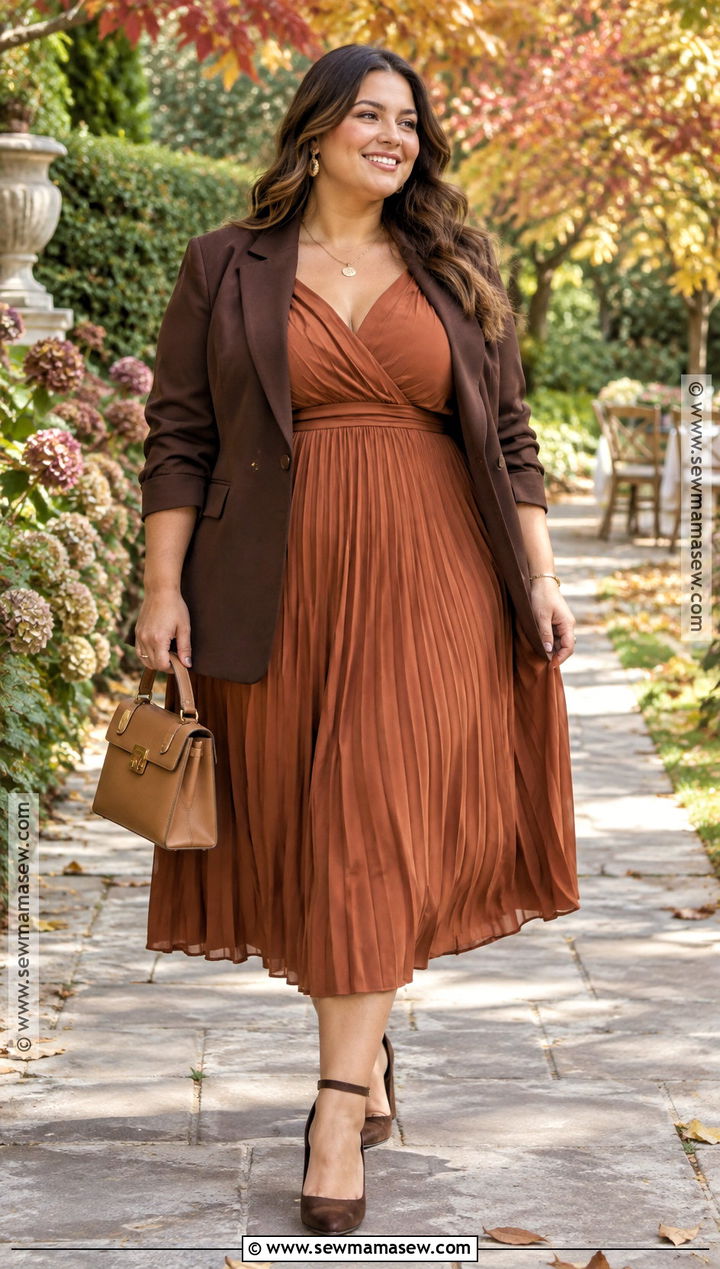 Plus Size Rust Pleated Dress Outfit - 20 plus size fall wedding guest outfit ideas