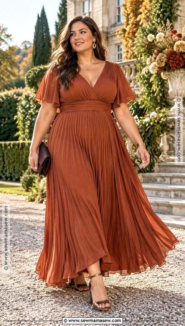 Plus Size Rust Pleated Maxi Dress - 15 plus size fall dresses for wedding guest