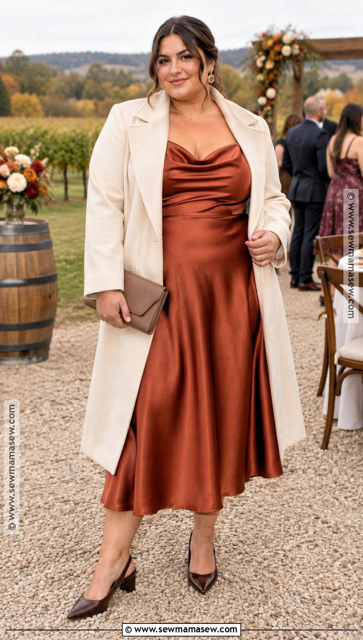 Plus Size Rust Satin A Line Midi Dress - 20 fall wedding dress ideas for plus size
