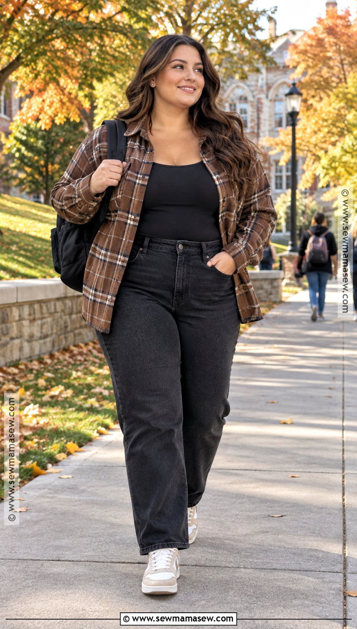Plus Size SHEIN Plaid Shacket And Black Jeans Outfit - 15 Plus Size Back To School Outfits Shein