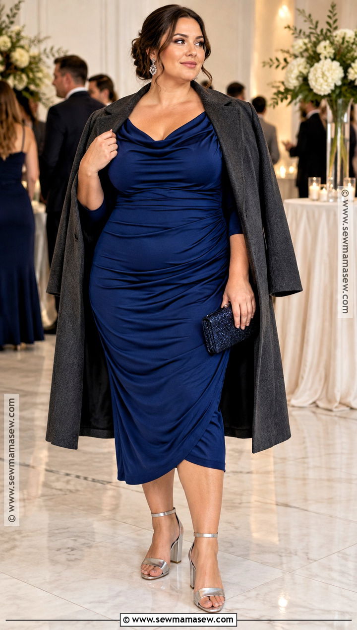Plus Size Sapphire Blue Ruched Midi Dress - 20 fall wedding dress ideas for plus size