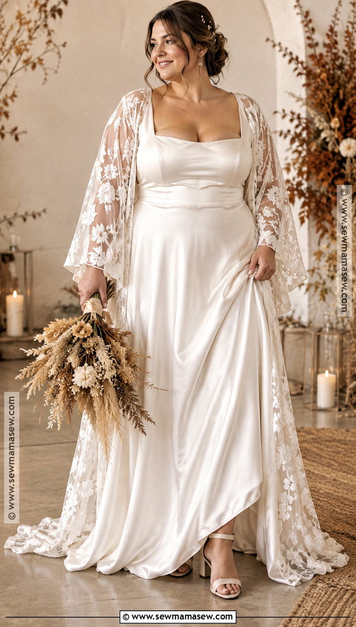 Plus Size Satin Wedding Dress With Lace Kimono - 15 Fall Wedding Dress Plus Size Bohemian Ideas