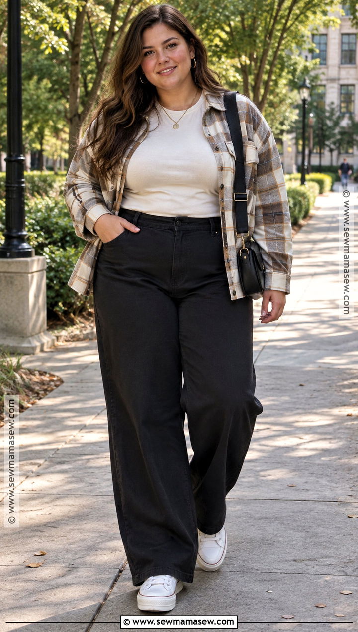 Plus Size Shacket And Wide Leg Pants Outfit - 15 back to school outfits plus size style