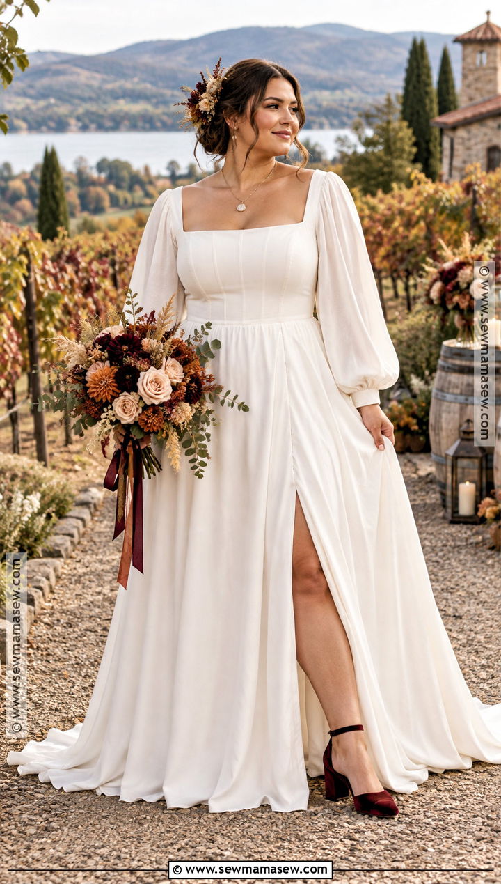 Plus Size Square Neck Wedding Dress With Bishop Sleeves - 15 Fall Wedding Dress Plus Size Bohemian Ideas