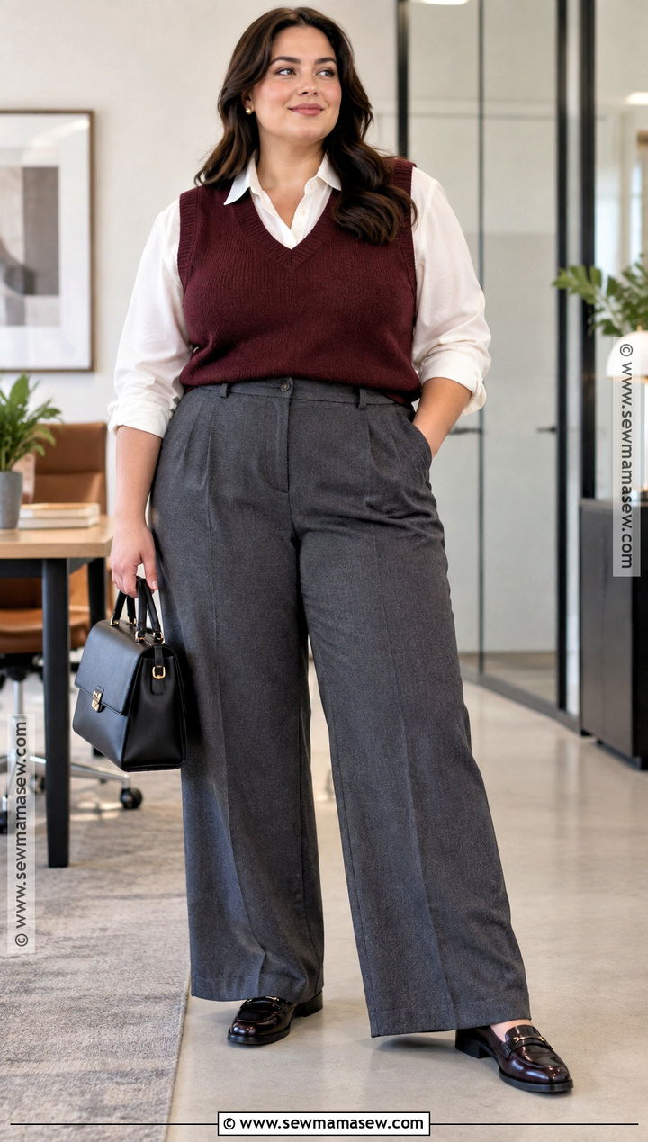 Plus Size Sweater Vest And Trousers Outfit - 20 plus fall outfits