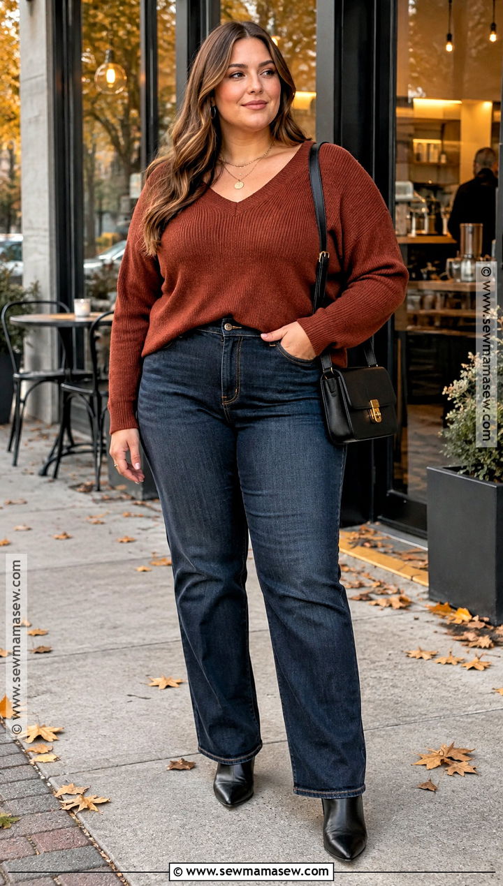 Plus Size Sweater With Dark Jeans And Ankle Boots - 15 date night fall outfits for plus size