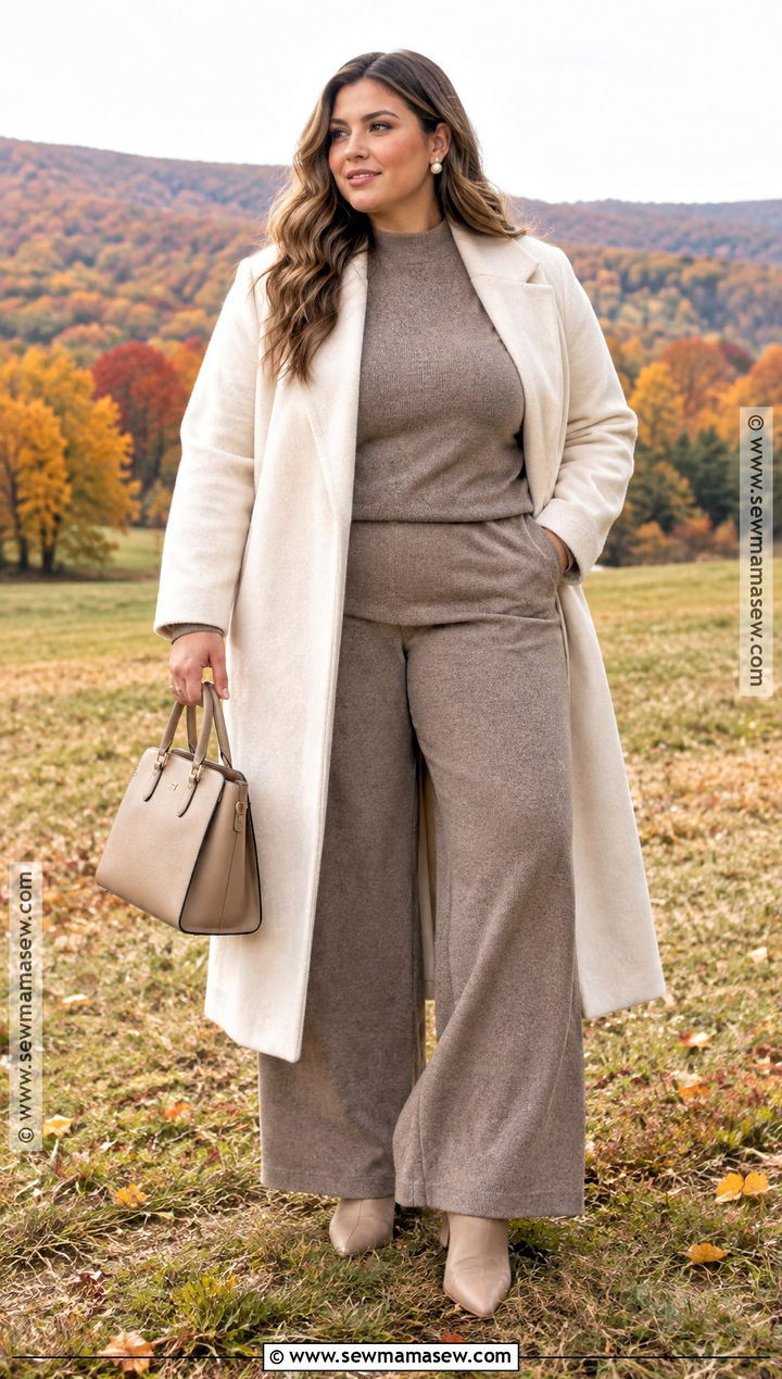 Plus Size Taupe Knit Set And Long Cream Coat - 15 plus size family photo outfits fall