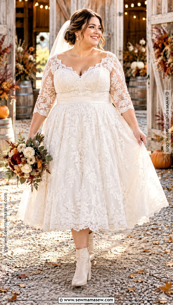 Plus Size Tea Length Lace Wedding Dress With Boots - 15 Fall Wedding Dress Plus Size Bohemian Ideas