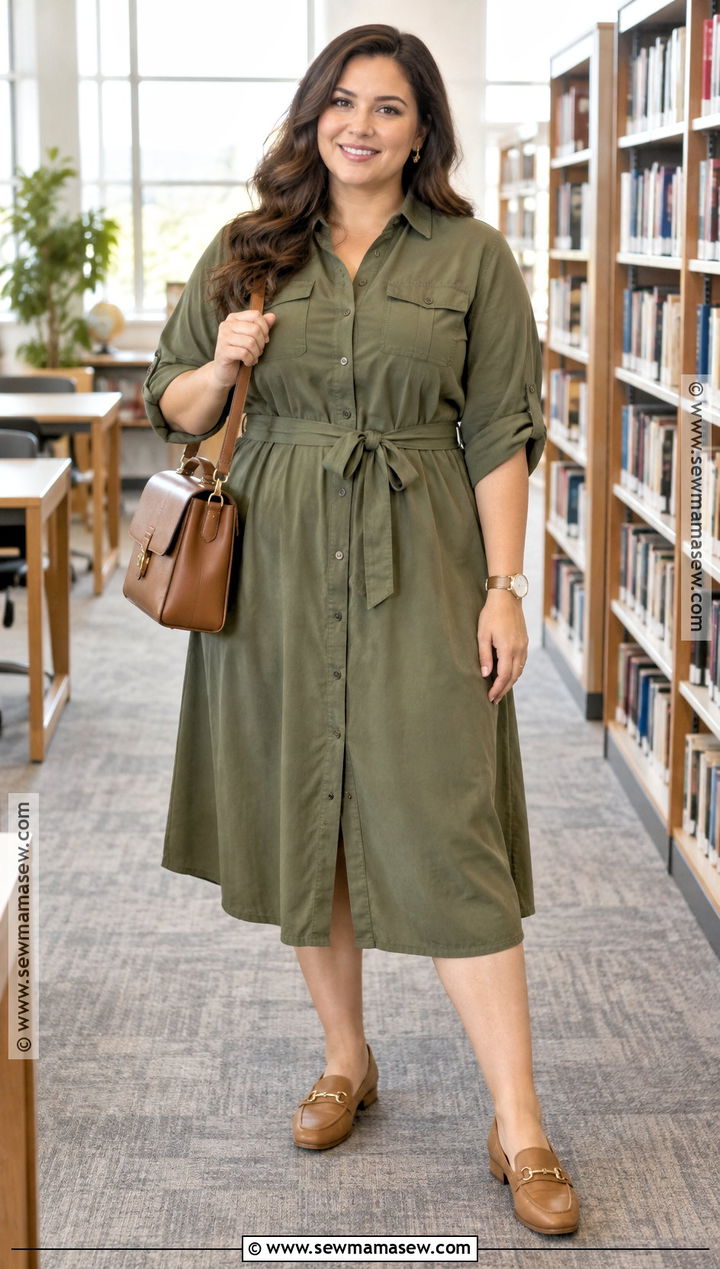 Plus Size Teacher Outfit With A Belted Shirt Dress - 15 back to school teacher outfits for plus size