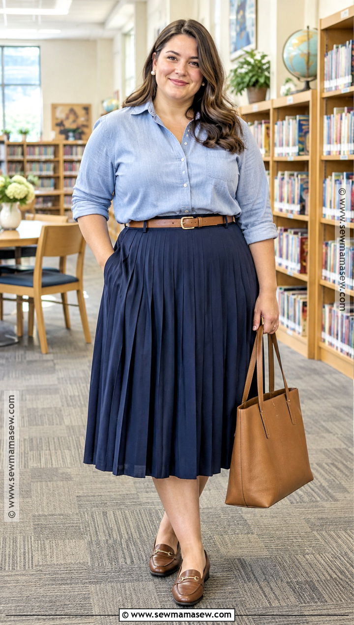 Plus Size Teacher Outfit With A Pleated Skirt And Chambray Shirt - 15 back to school teacher outfits for plus size