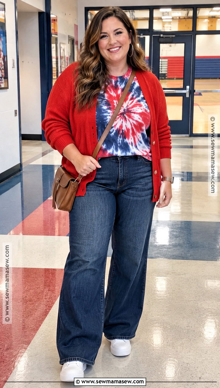 Plus Size Teacher Outfit With A Spirit Tee And Wide Leg Jeans - 15 back to school teacher outfits for plus size