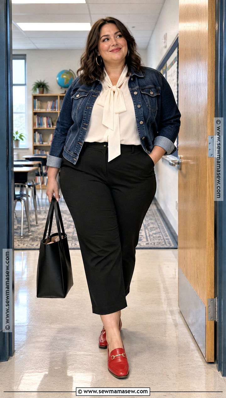Plus Size Teacher Outfit With Black Pants And Red Loafers - 15 back to school teacher outfits for plus size