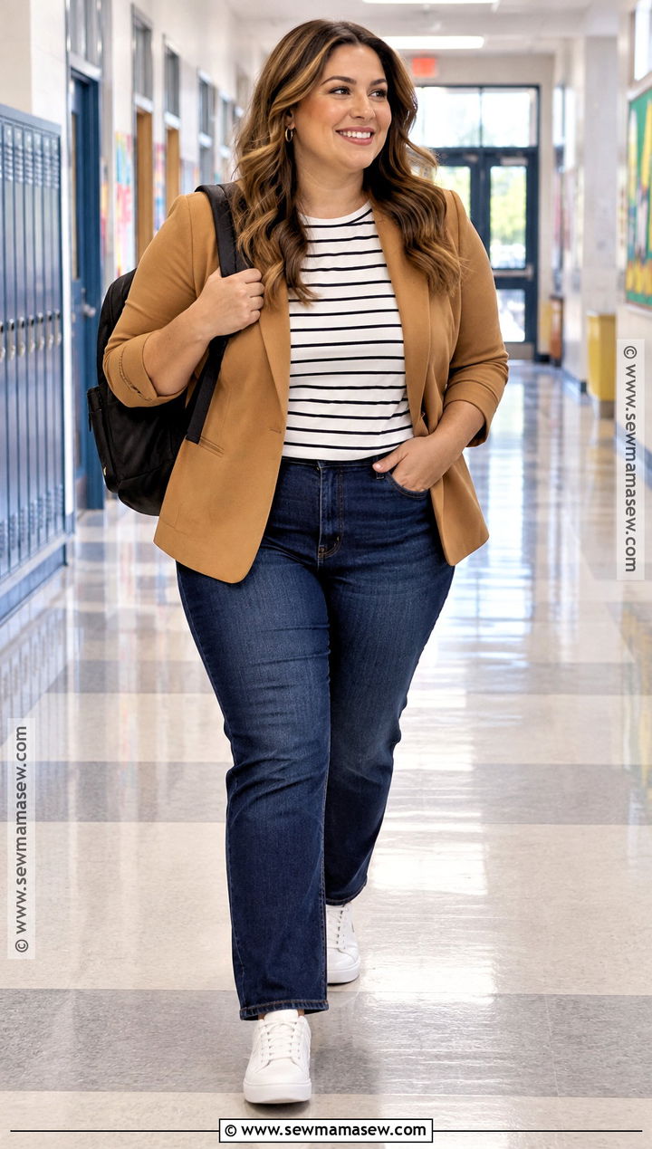 Plus Size Teacher Outfit With Dark Jeans And A Blazer - 15 back to school teacher outfits for plus size