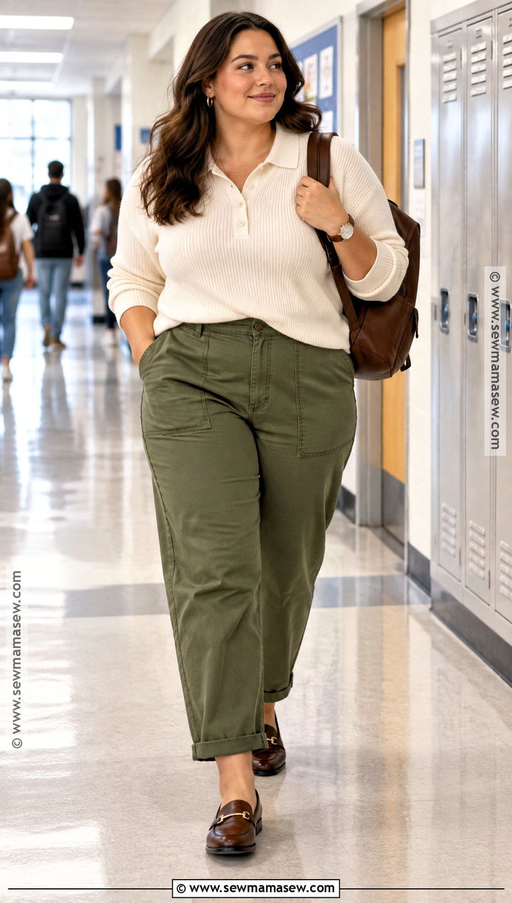 Plus Size Teacher Outfit With Utility Pants And A Polo Sweater - 15 back to school teacher outfits for plus size