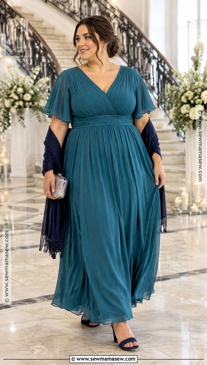 Plus Size Teal Chiffon Maxi Dress Outfit - 20 plus size fall wedding guest outfit ideas