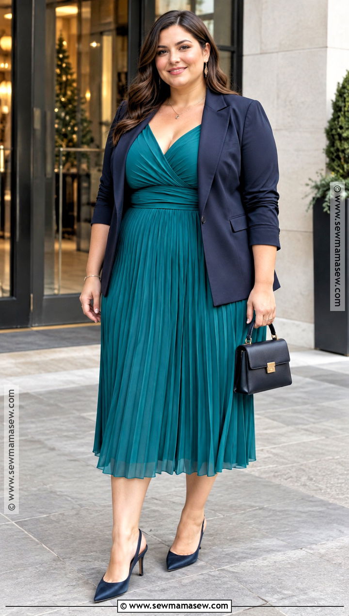 Plus Size Teal Pleated Midi Dress And Blazer Fall Wedding Outfit - 20 fall wedding outfit guest ideas for plus size